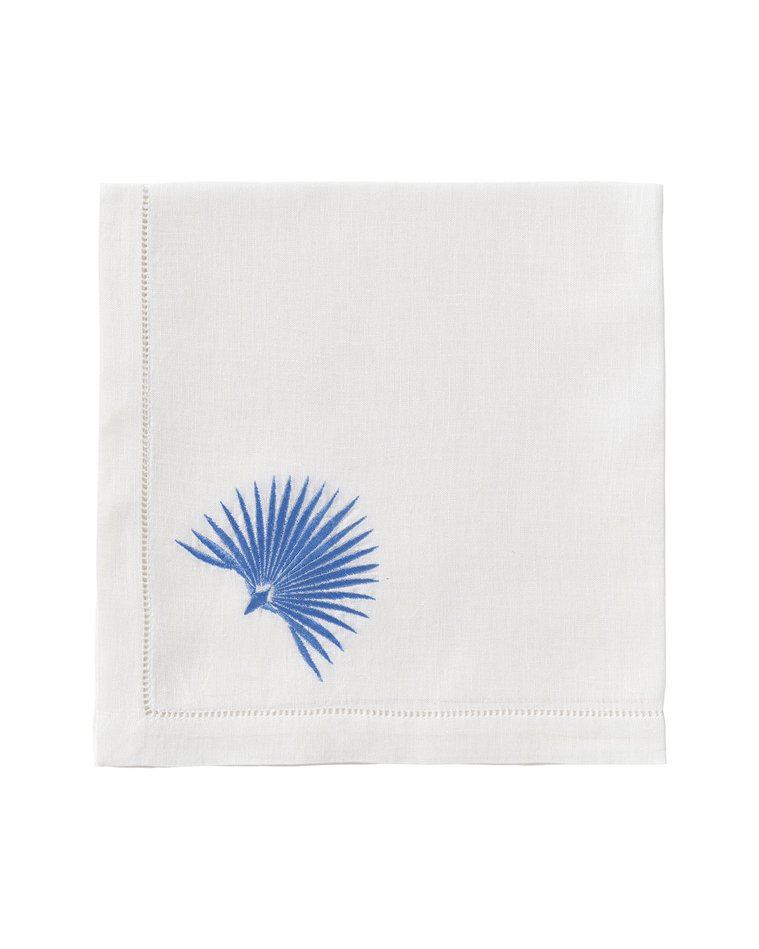 Pure linen table napkin white with azure blue embroidered fan palm – luxury coastal table linen