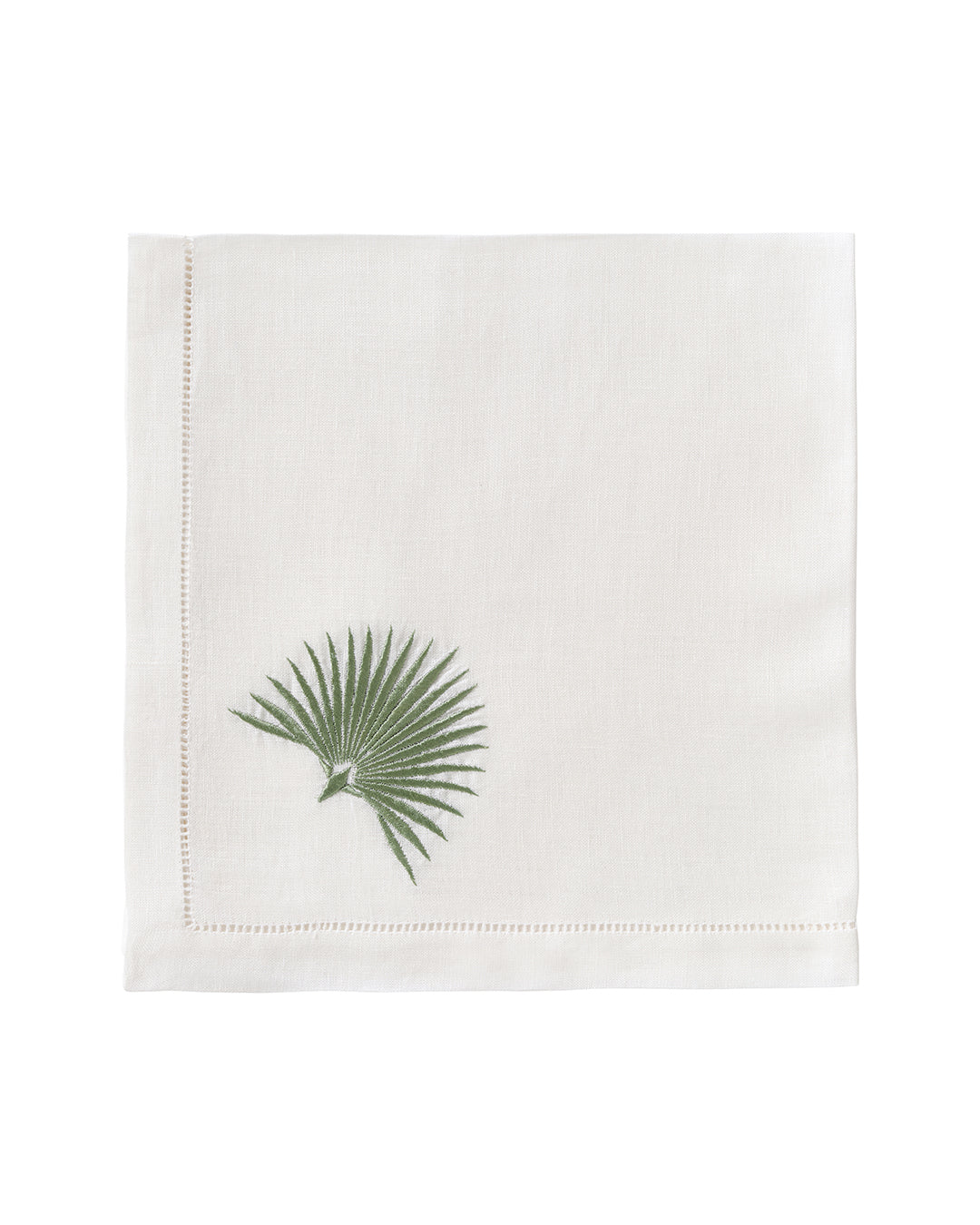 Pure linen table napkin white with sage green embroidered fan palm – tropical-inspired luxury napkin
