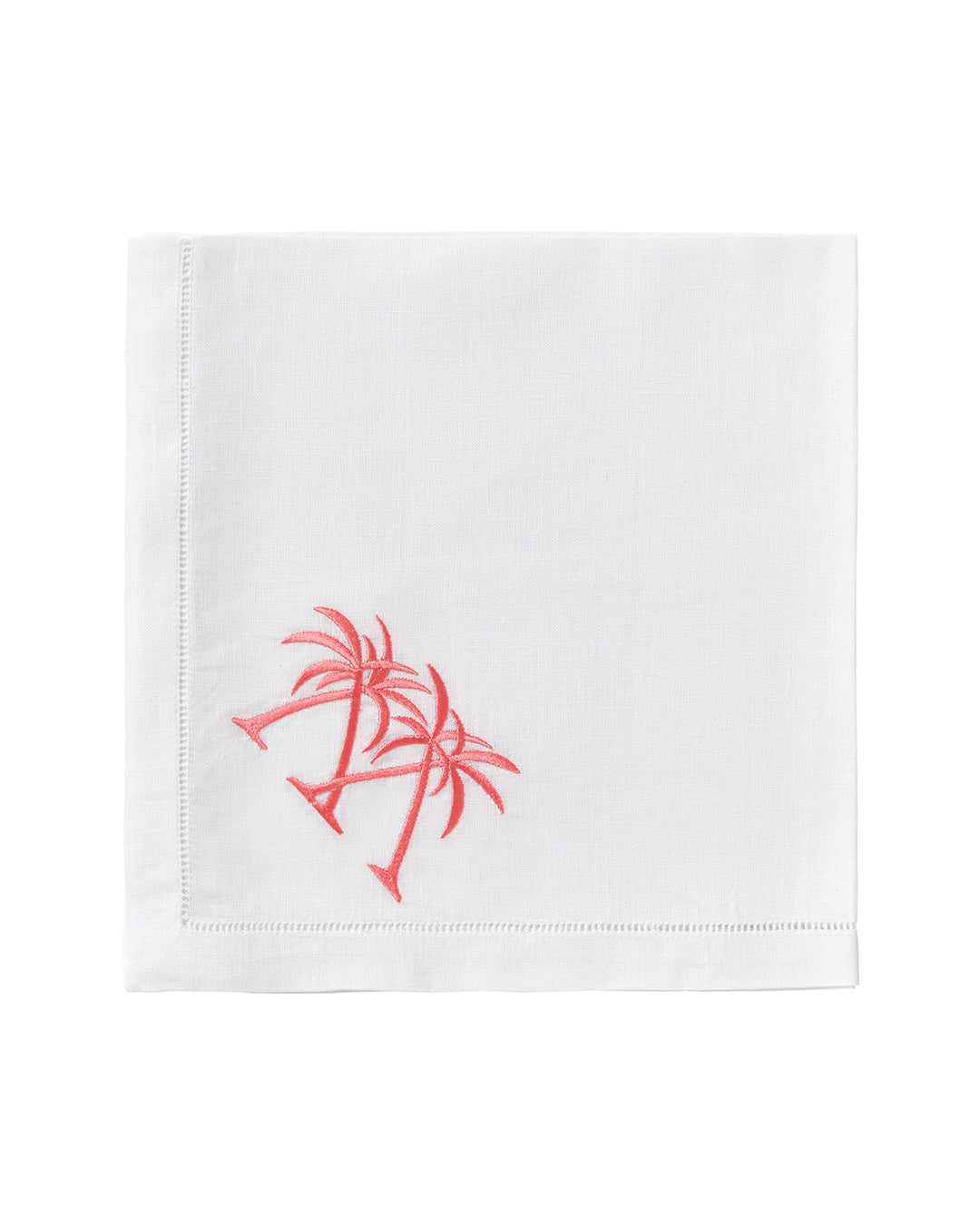White linen napkin with coral pink palm embroidery – tropical island napkin by Pink House Mustique