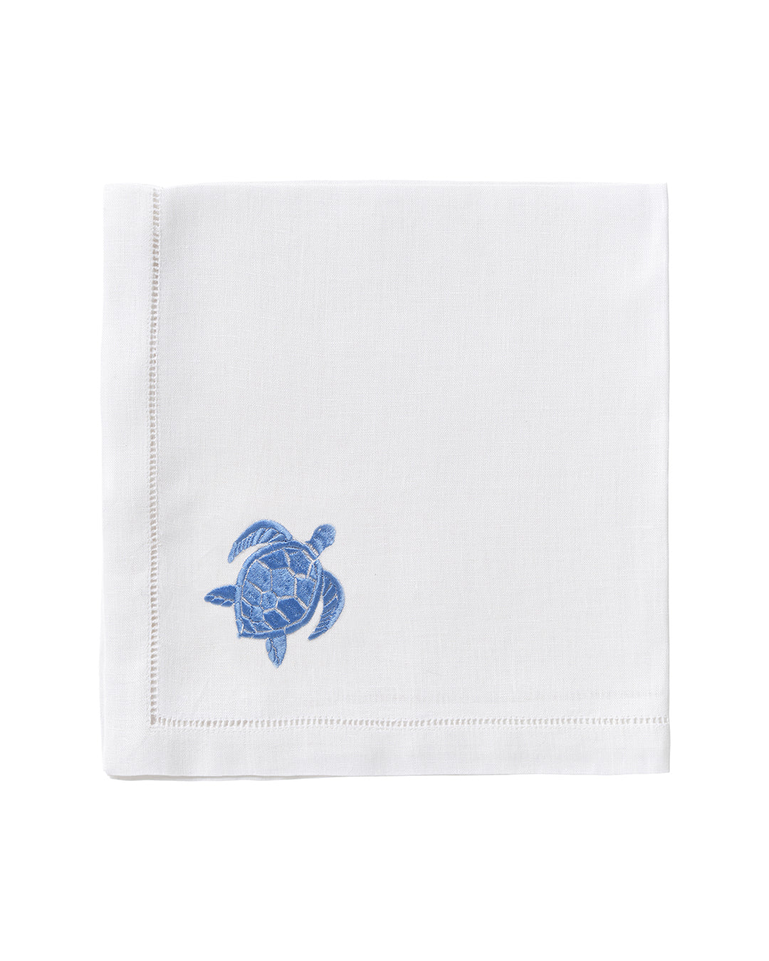 White pure linen napkin with azure blue turtle embroidery – elegant coastal table decor, luxury linen