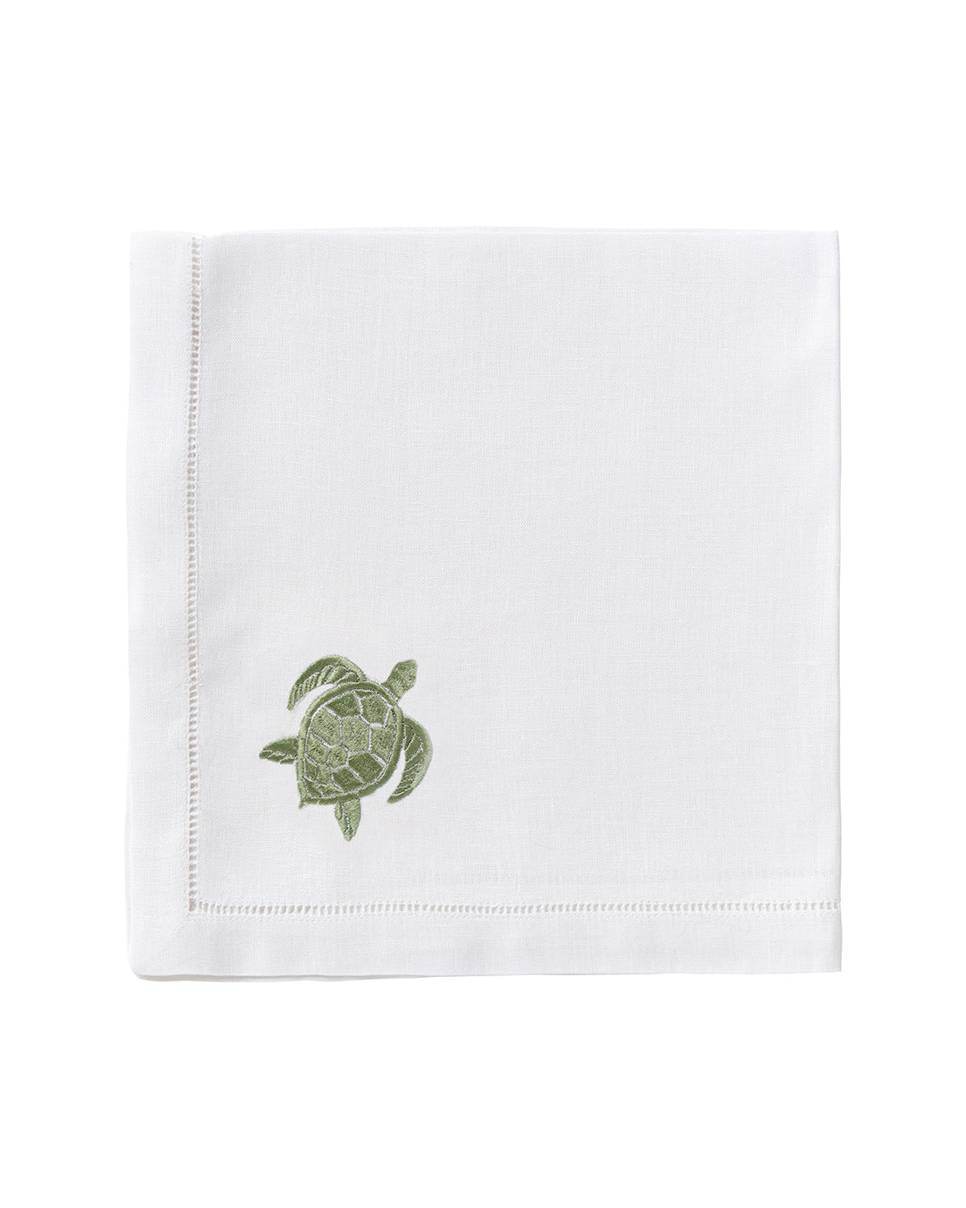White pure linen napkin with sage green embroidered turtle – artisanal coastal table linen, luxury finish