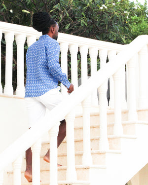 Men's pure linen shirt in blue Striped Shell print designer Lotty B Mustique