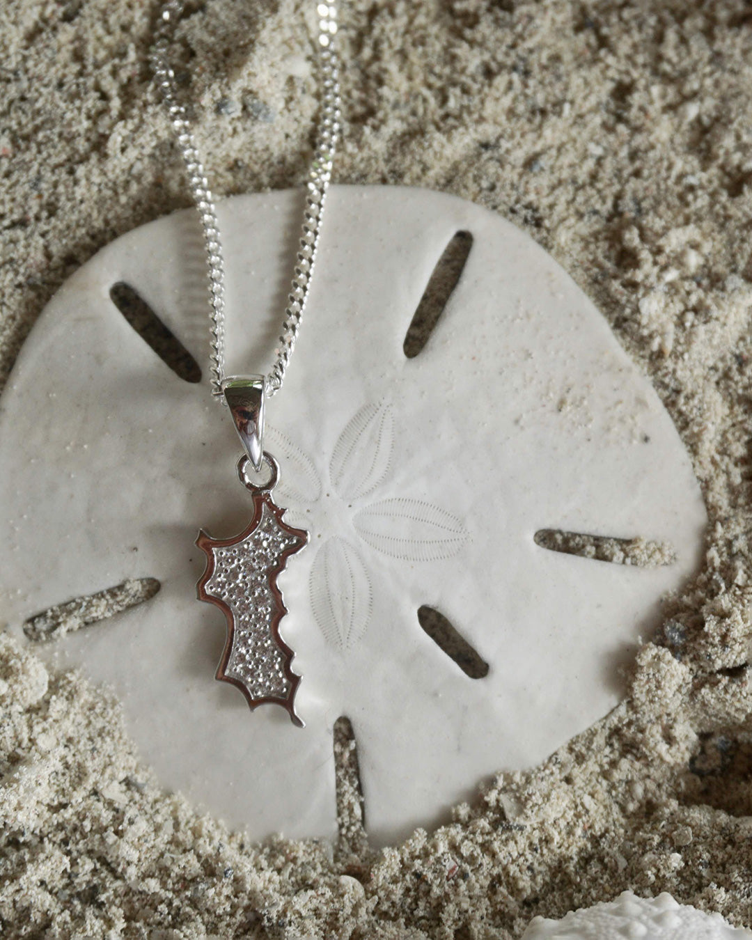 Sterling silver diamanté MINI Mustique island pendant necklace on sand dollar, made in England