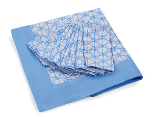 Pure linen tablecloth in blue shelltop print