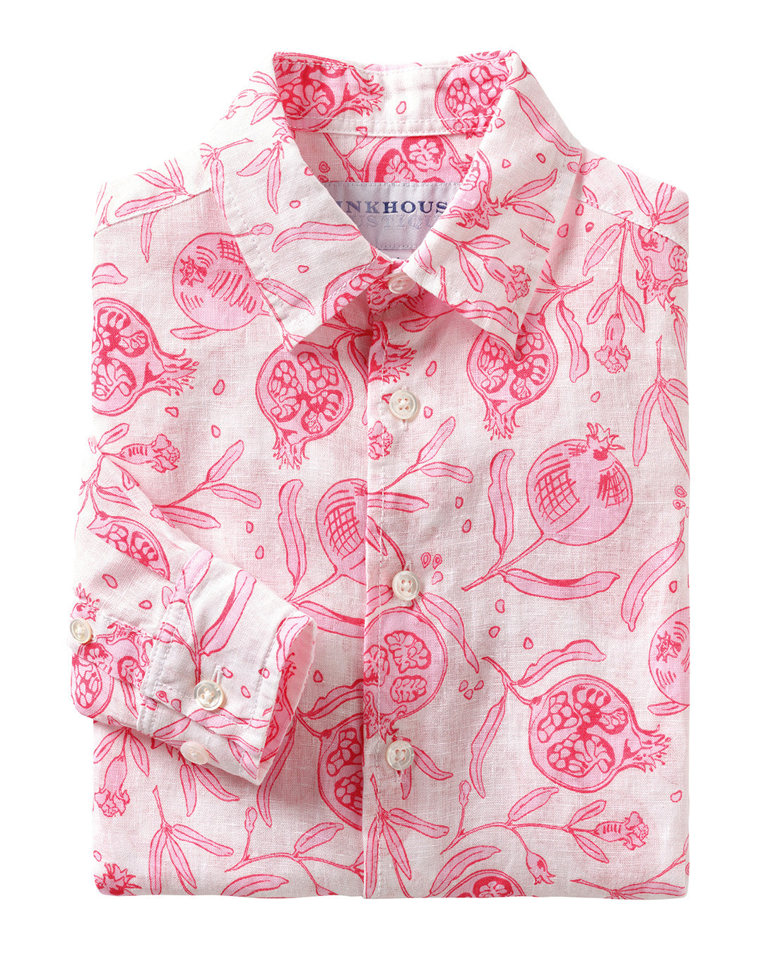 boys linen shirt in white with pint pomegranate print