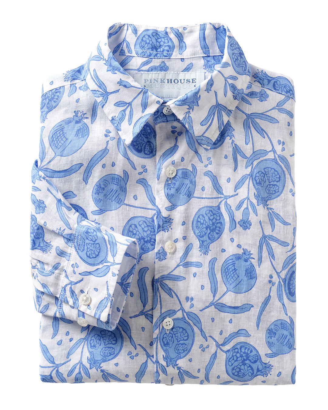 mens linen shirt in white with blue pomegranate print