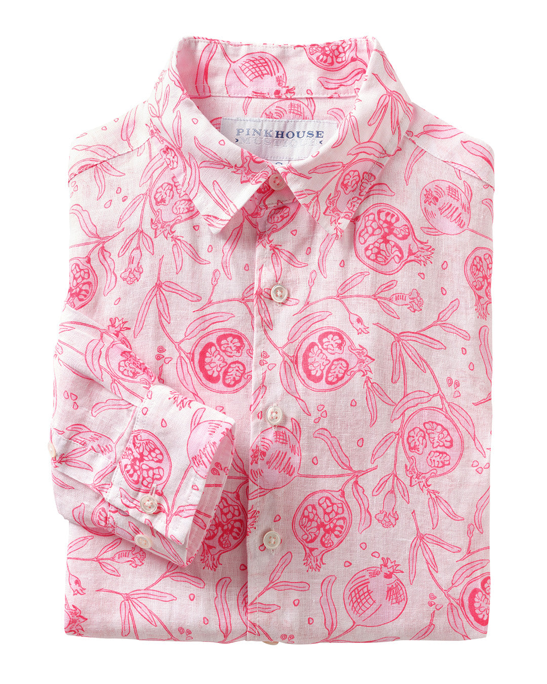 mens linen shirt in white with pink pomegranate print