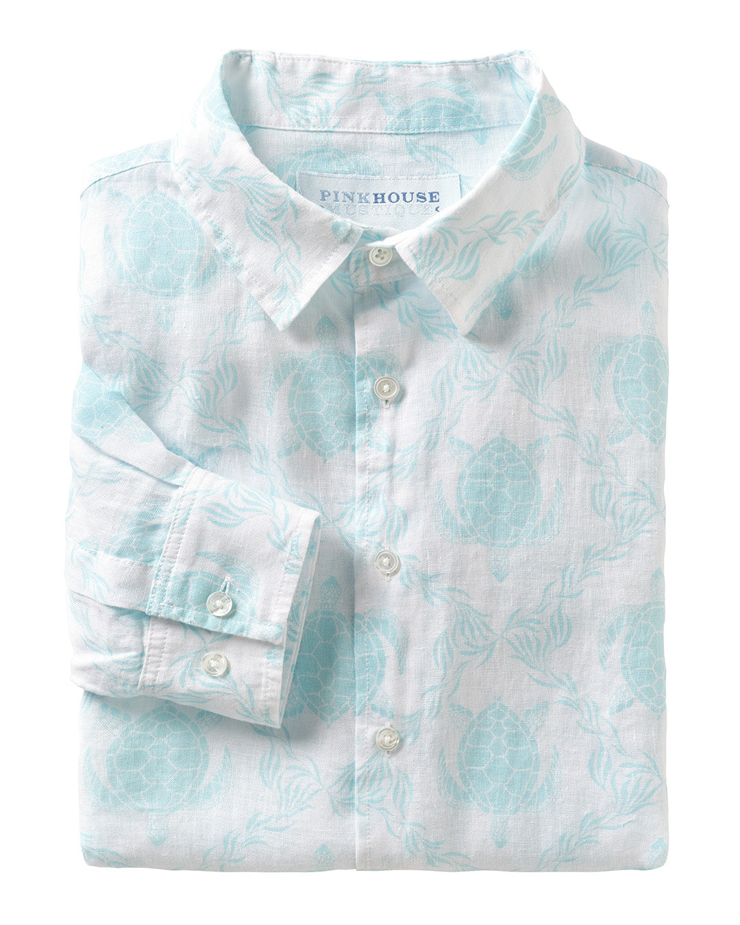 mens linen shirt in white with turtle print