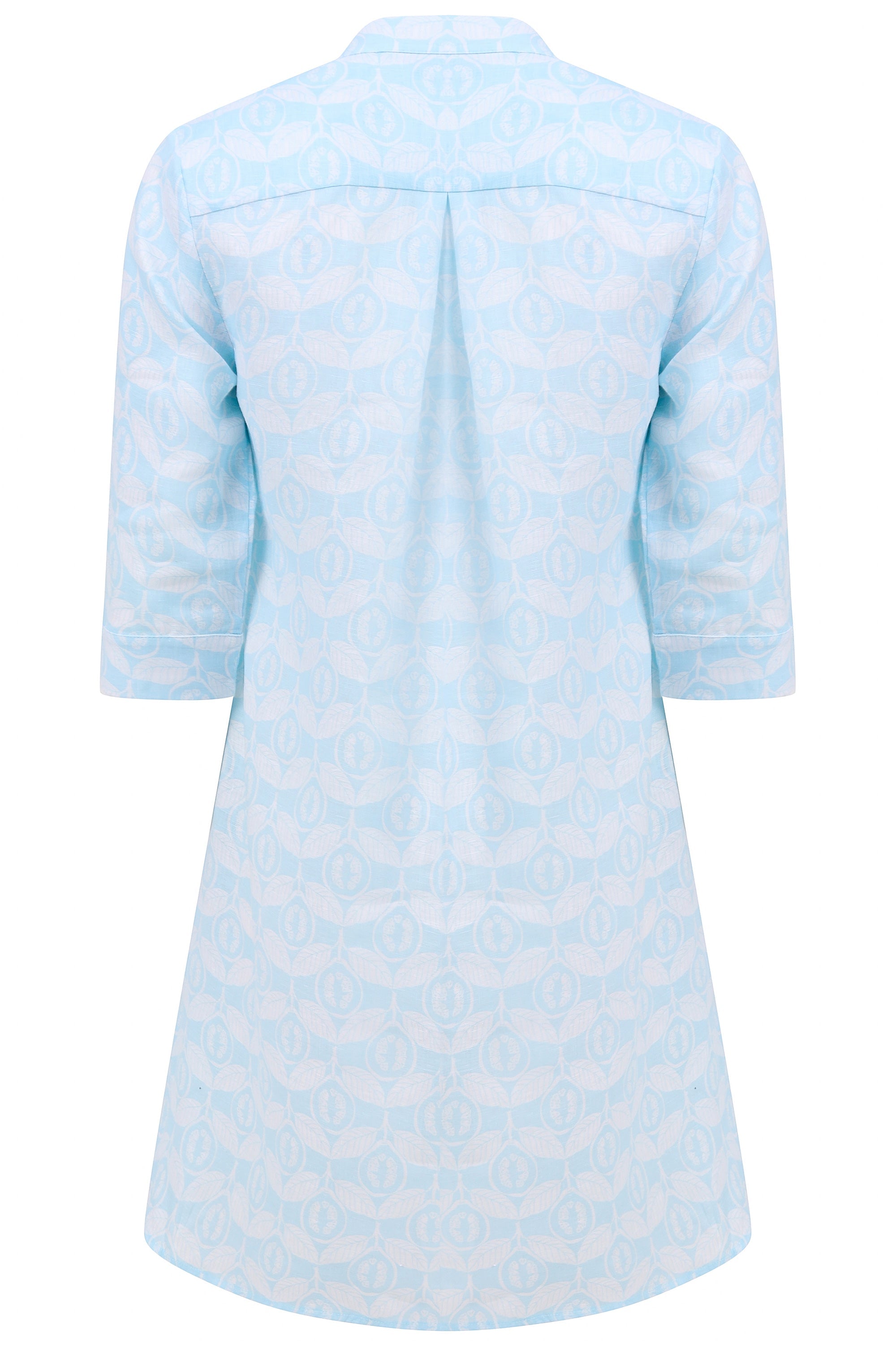 Womens flared Decima dress in pale blue Guava print, holiday fashion by Lotty B Mustique