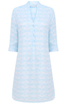 Womens flared Decima dress in pale blue Guava print, resort fashion by Lotty B Mustique