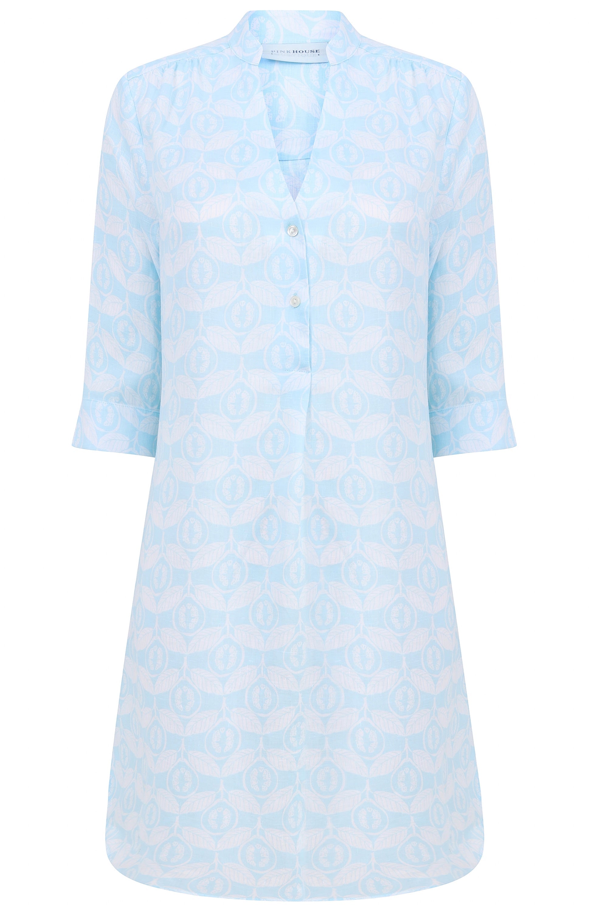 Womens flared Decima dress in pale blue Guava print, resort fashion by Lotty B Mustique