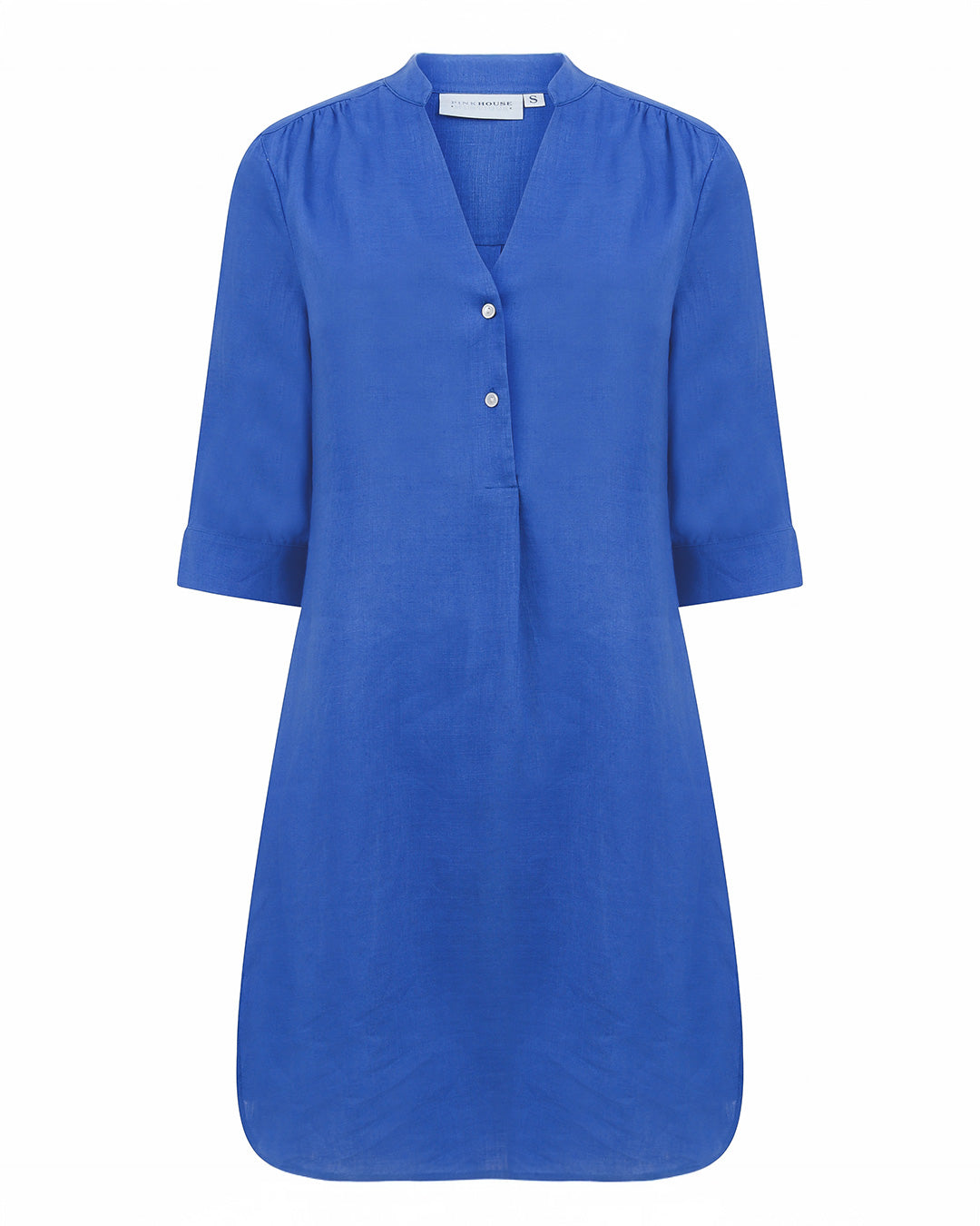 Linen Decima Mini Dress in solid Sax Blue with 3/4 sleeves and V-neckline – casual day dress for women
