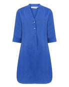 Linen Decima Mini Dress in solid Sax Blue with 3/4 sleeves and V-neckline – casual day dress for women