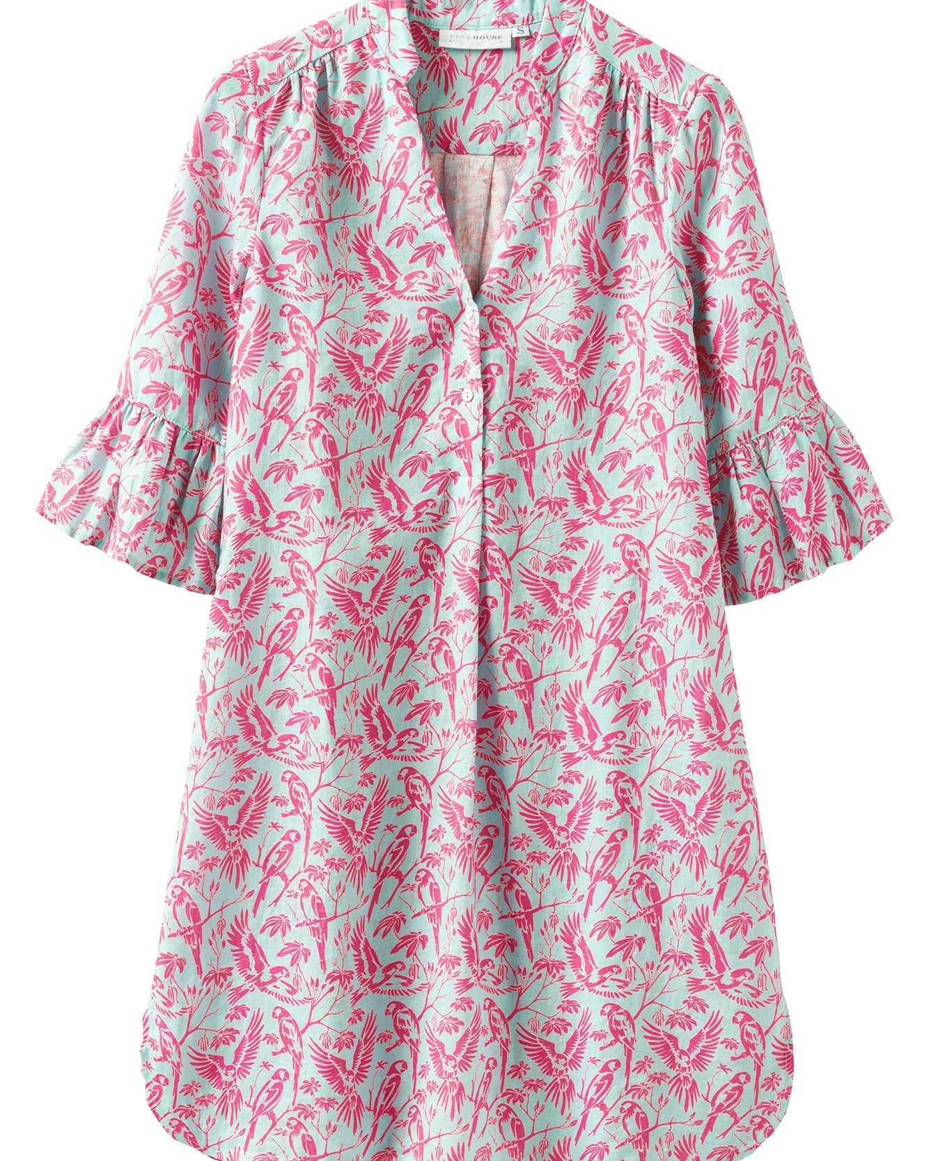 Women's linen dress in turquoise blue and coral red Parrot print by designer Lotty B