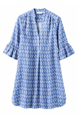 Women's linen dress in navy blue Striped Shell print by designer Lotty B