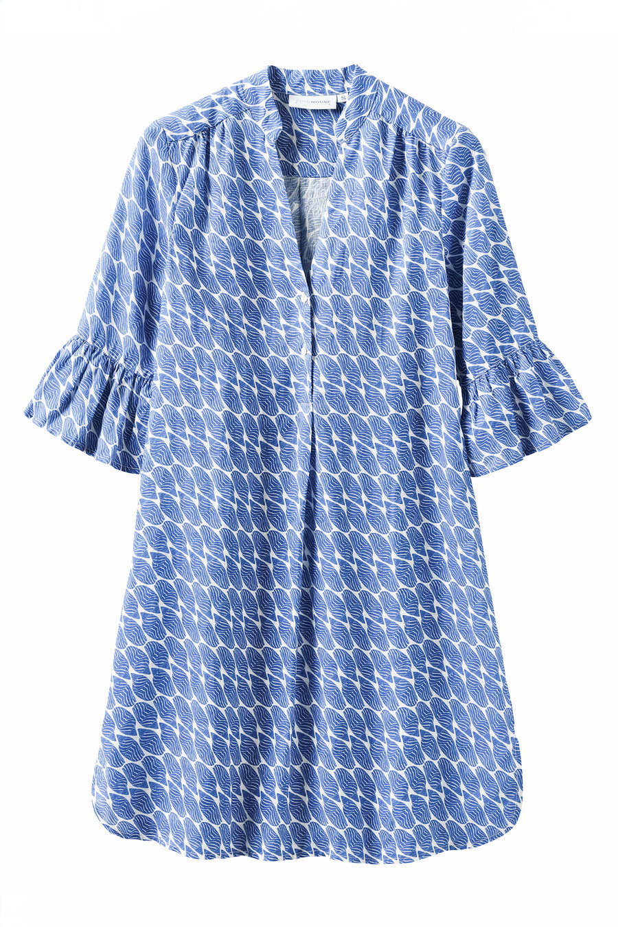 Holiday life Women's linen beach dress with gathered sleeves in navy blue Striped Shell print