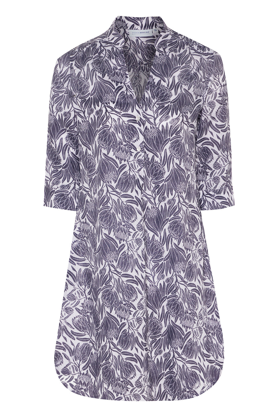 Linen villa vacation dress in aubergine navy blue floral Protea print by Lotty B for Pink House Mustique