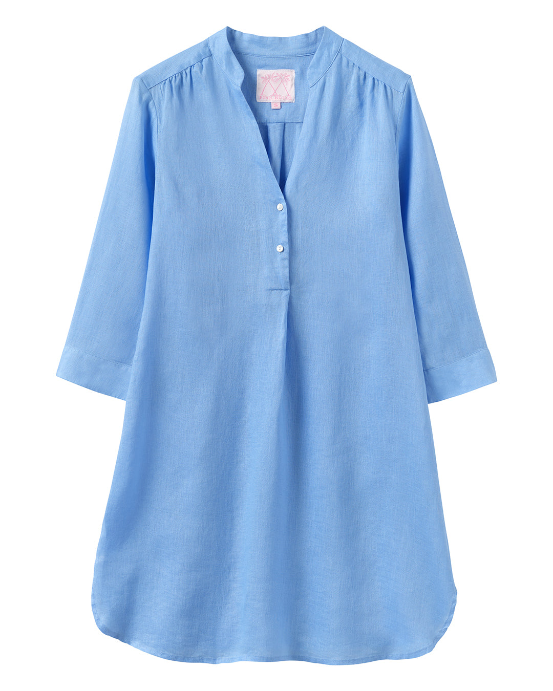 Linen Decima Dress in solid French Blue with 3/4 sleeves and V-neckline – casual day dress for women