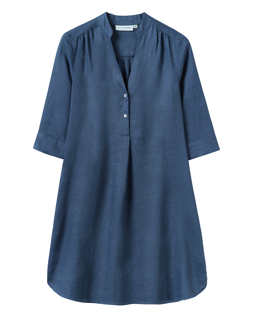 Linen Decima Dress in solid Ensign Navy Blue with 3/4 sleeves and V-neckline – casual day dress for women