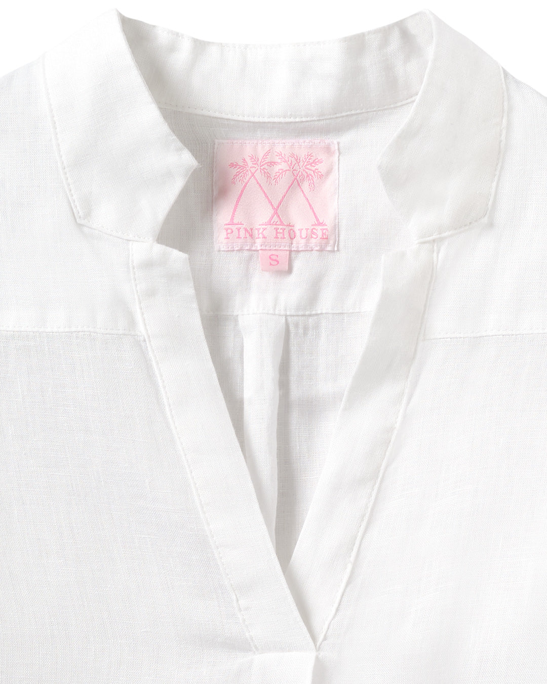 Close up collar detail view of classic White women's linen Kim blouse by Pink House – ideal for summer and vacation fashion.
