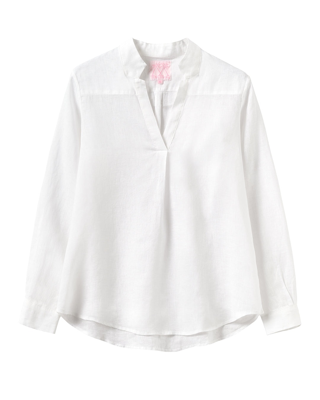 Classic White women's linen Kim blouse by Pink House – breathable long sleeve top with a notched collar and flowy silhouette, ideal for summer and travel fashion.