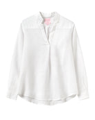 Classic White women's linen Kim blouse by Pink House – breathable long sleeve top with a notched collar and flowy silhouette, ideal for summer and travel fashion.
