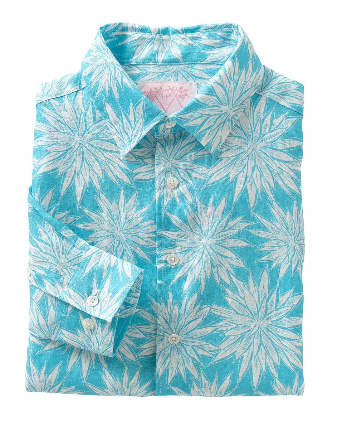 Turquoise Agave print linen shirt for men – crisp lightweight fabric, tropical design, Pink House Mustique menswear.