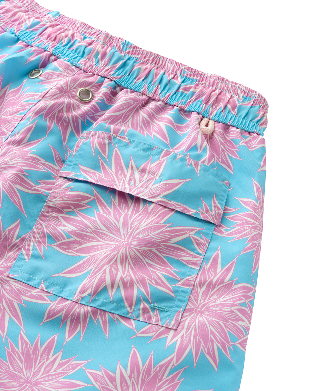 Detail of men's Agave print swim shorts in turquoise pink, recycled quick-dry fabric with back pocket and drainage eyelets