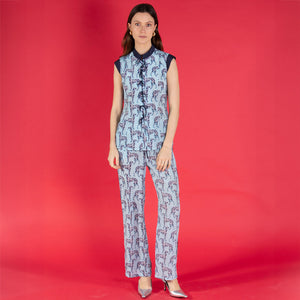 Handmade made to order pure silk Marina waistcoat top in pale blue crepe de Chine Lurcher print worn together with matching trousers from Pink House Atelier Collections