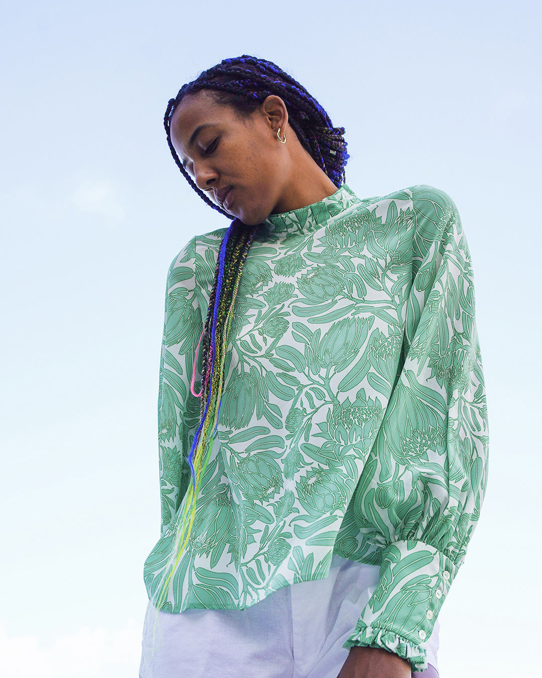 Balloon sleeve pure silk Kelly blouse in Protea sage green and white by designer Lotty B for Pink House