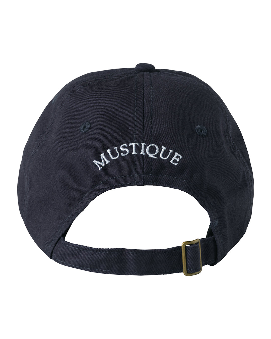 Navy blue cap with 'Mustique' text on a white background