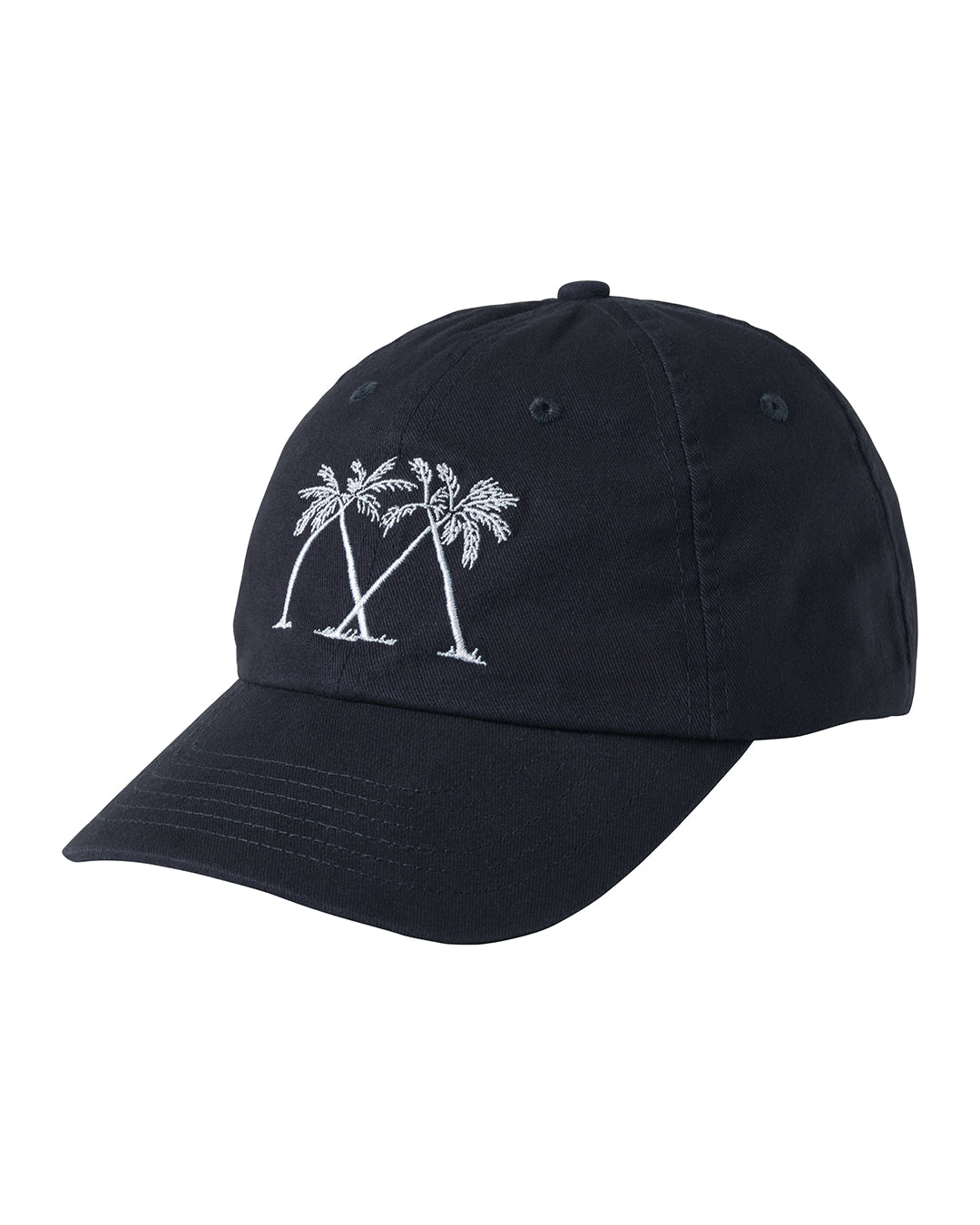 Black cap with white palm tree design on a white background