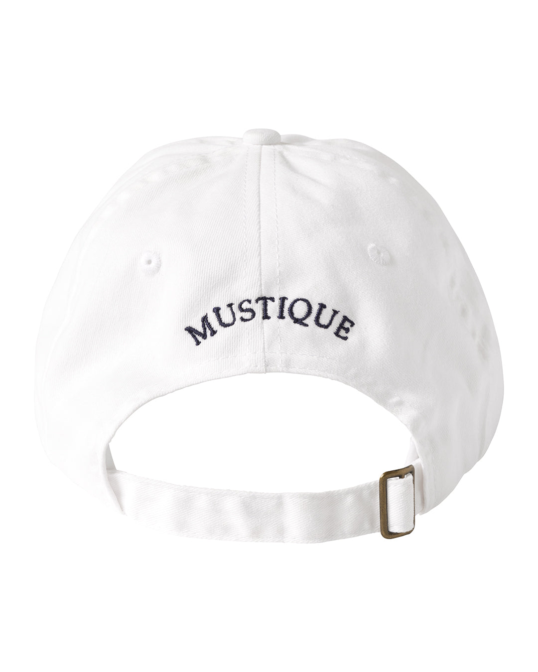 White cap with 'Mustique' text on a white background