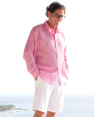 Beach style mens fuchsia pink linen shirt