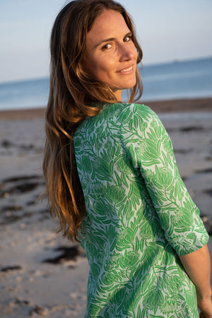 Womens beach style dress in blue green floral Protea print by Lotty B for Pink House Mustique