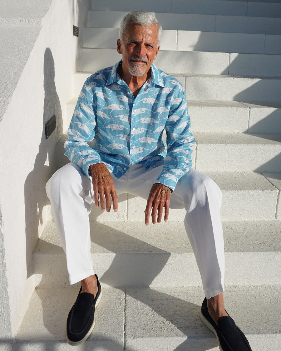 Mens Linen Shirt Turquoise Blue Egret print by designer Lotty B Mustique