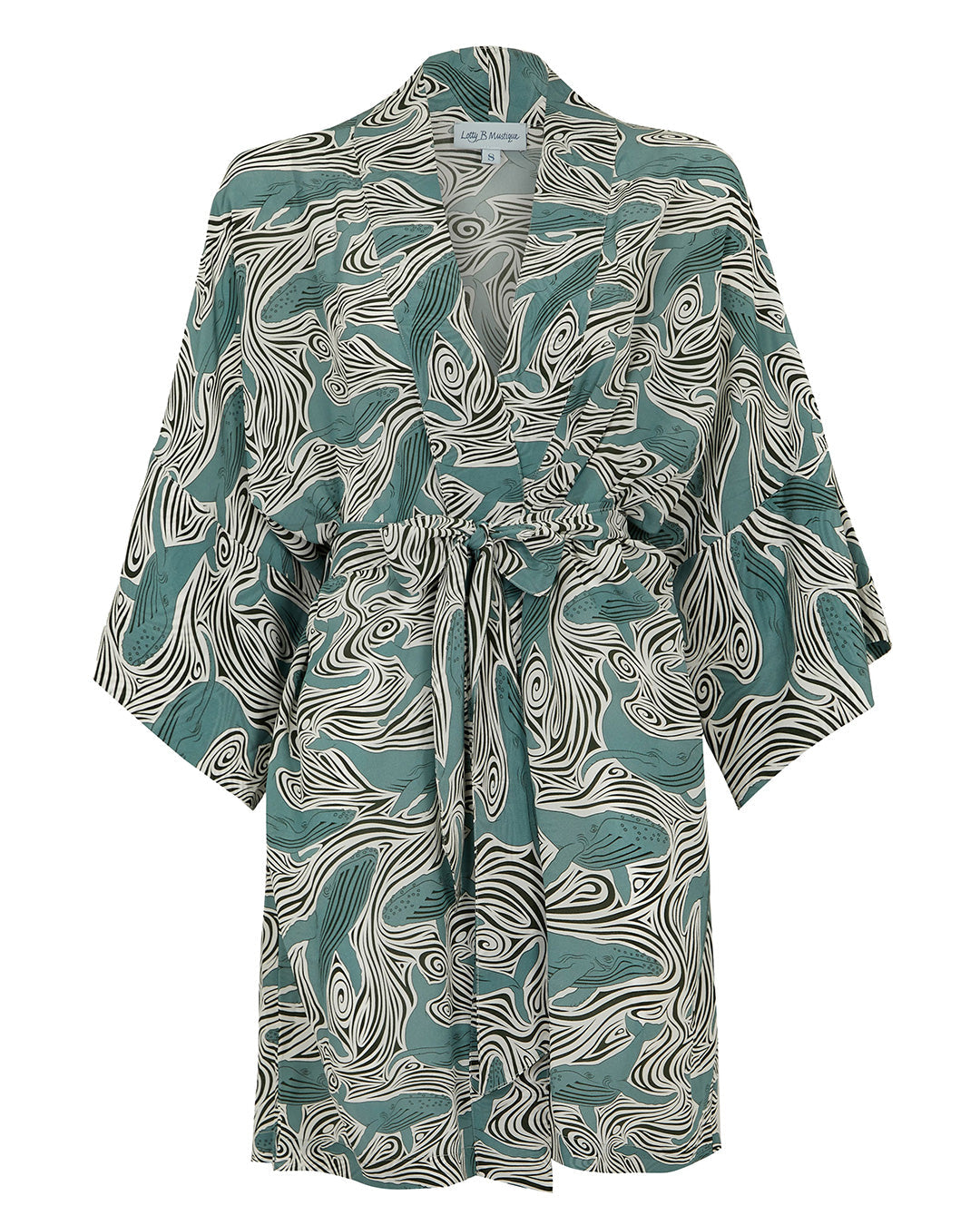 Silk Bed to beach robe in monochrome green-grey Whale print by designer Lotty B Mustique