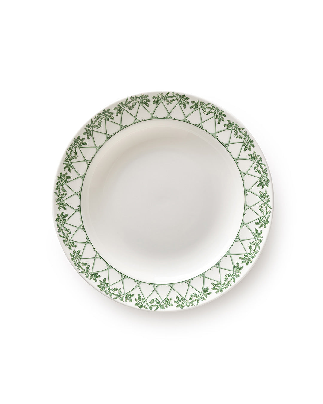 Fine bone china rimmed bowl in Palms Sage Green design by Pink House Mustique, handmade in England.