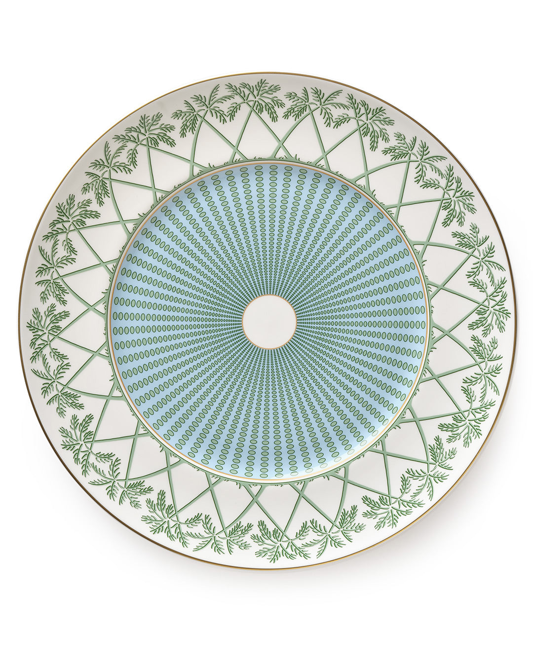 Fine bone china decorative charger plate in Palms Sage Green design by Pink House Mustique, handmade in England.