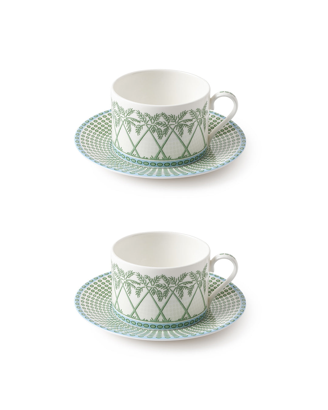 Fine bone china set of 2 cups and saucers in Palms Sage Green design by Pink House Mustique, handmade in England.