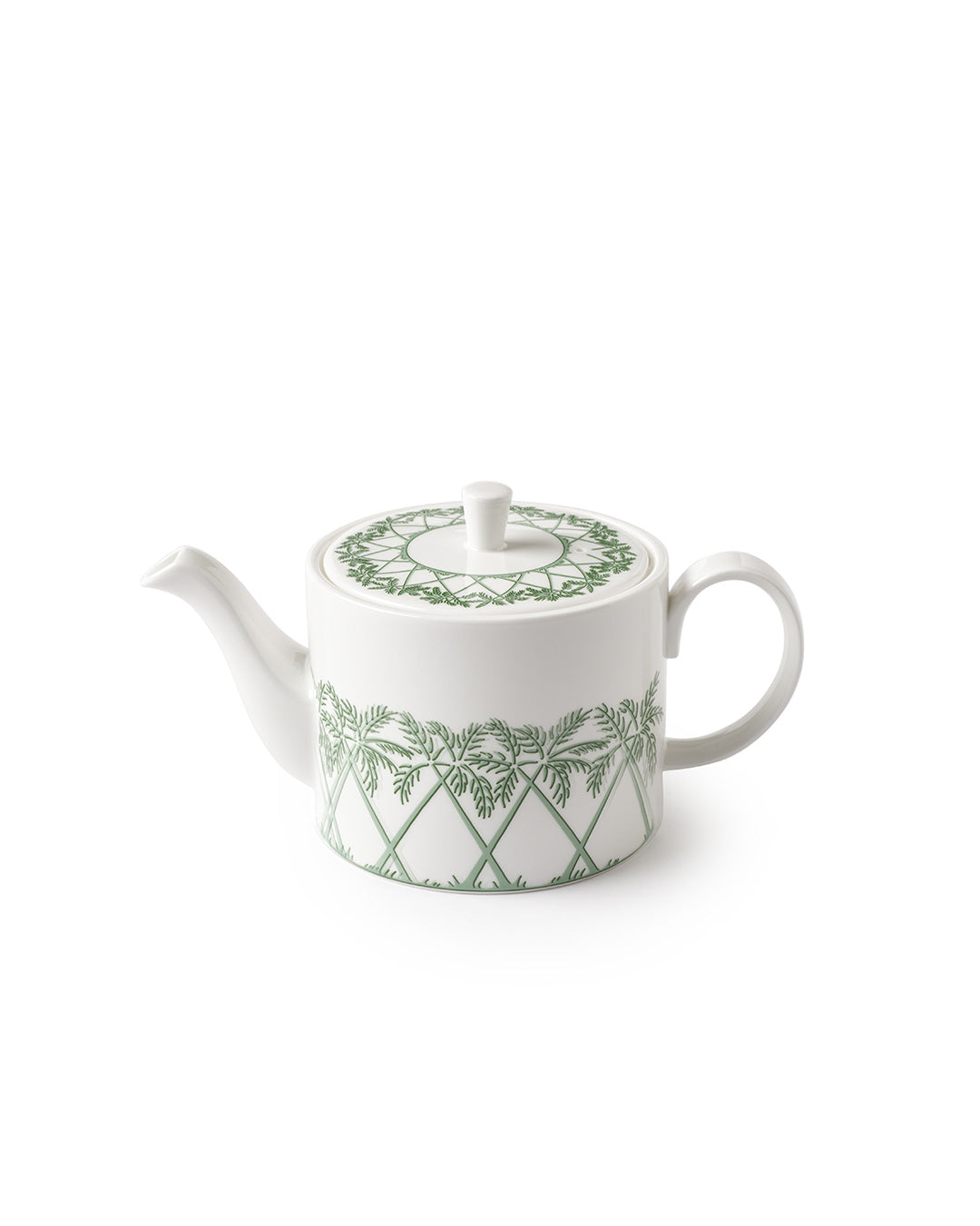 Fine bone china small teapot in Palms Sage Green design by Pink House Mustique, handmade in England.