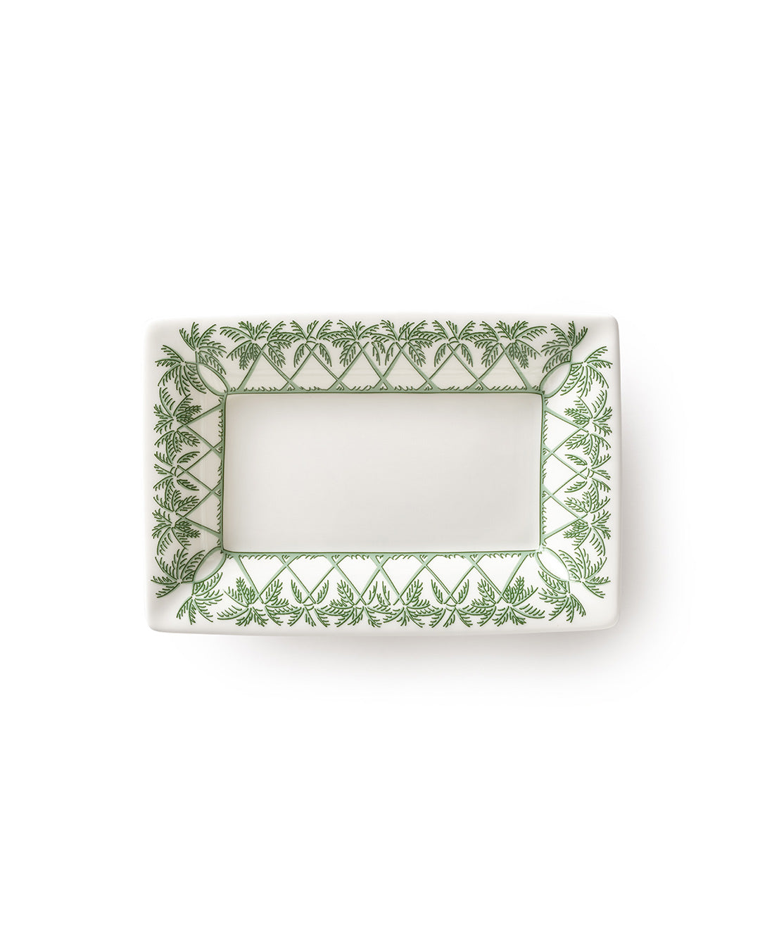 Fine bone china small trinket tray in Palms Sage Green pattern by Pink House Mustique, elegant handmade tableware.