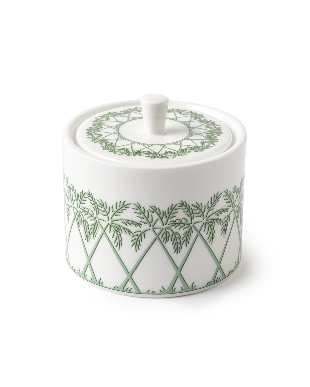 Fine bone china covered pot with lid in Palms Sage Green design by Pink House Mustique, luxury British-made tea service piece.