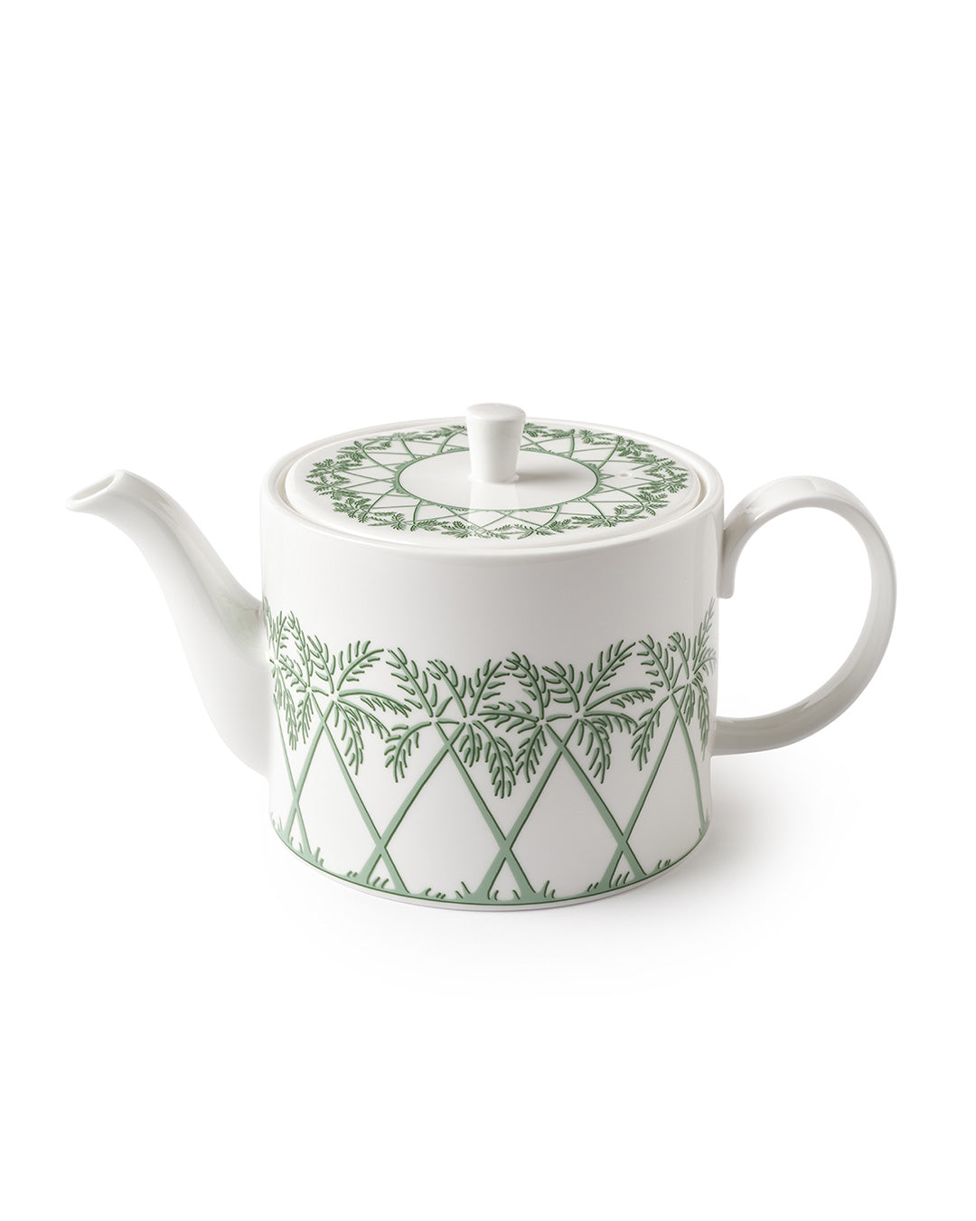 Fine bone china teapot in Palms Sage Green pattern by Pink House Mustique, elegant British-made tea service.