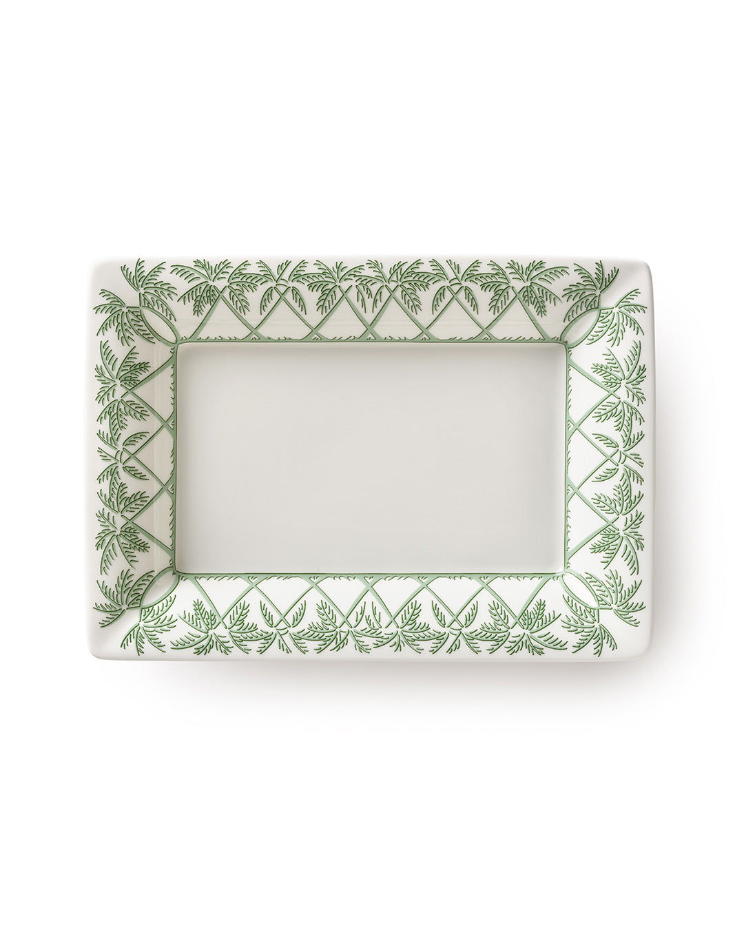 Fine bone china rectangular trinket tray in Palms Sage Green design by Pink House Mustique, handmade in England.
