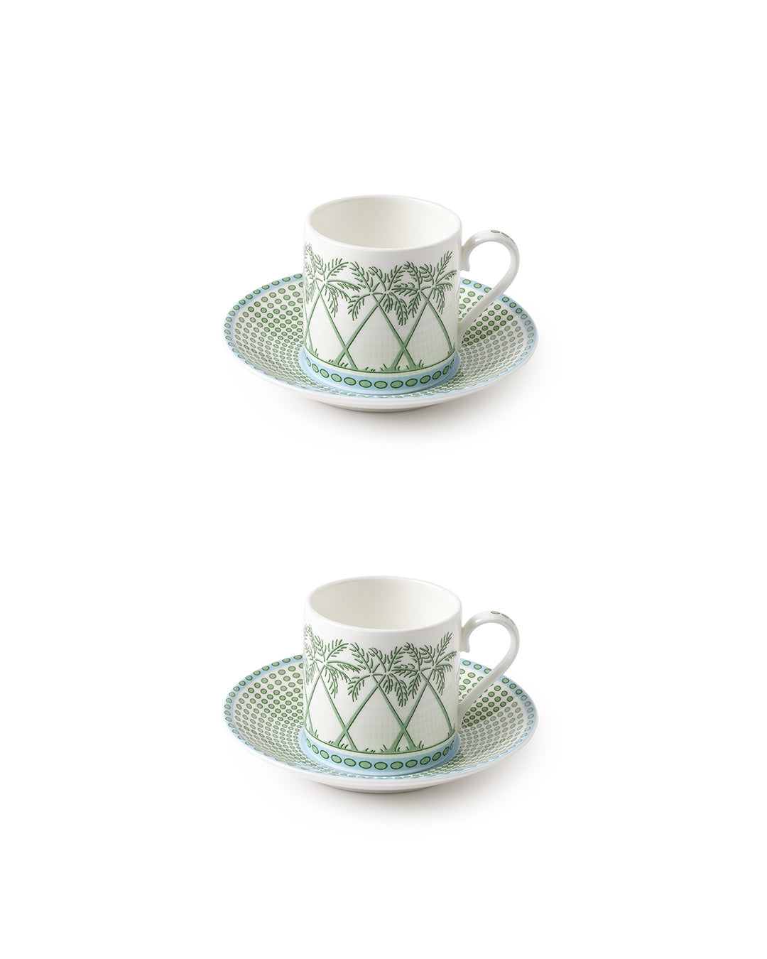 Fine bone china set of 2 espresso cups and saucers in Palms Sage Green design by Pink House Mustique, handmade in England.