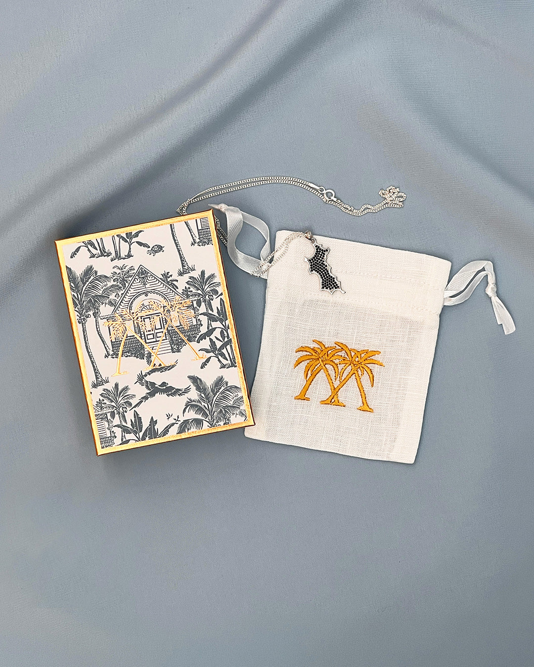 Sterling silver Mustique island pendant with black zirconia crystals gift box and jewellery pouch Made in England