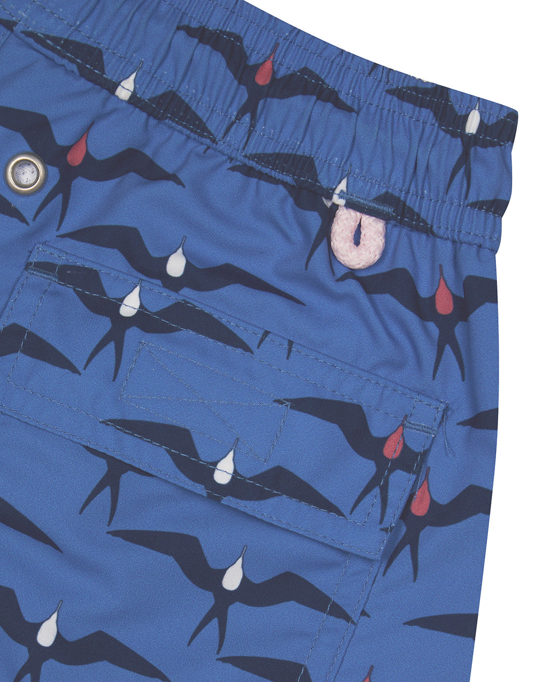 Back pocket detail of Frigate Bird Blue boys swim shorts with secure flap pocket