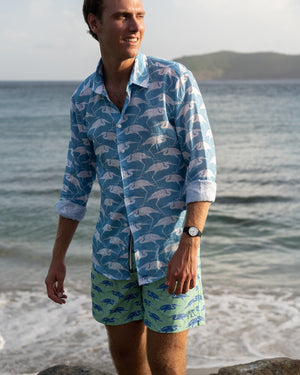 Beach vacation shirt Turquoise Blue Egret print Black Sand Bay, Mustique