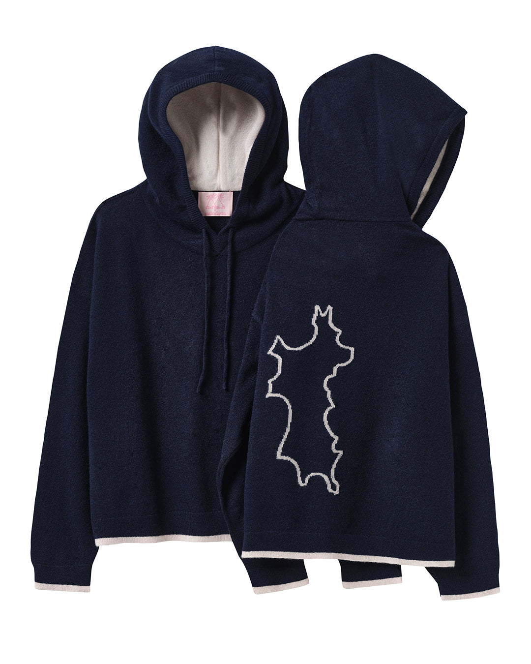 Pink House x Malin Darlin cashmere hoodies in navy blue with beige trim – soft luxury knitwear from exclusive island collaboration.